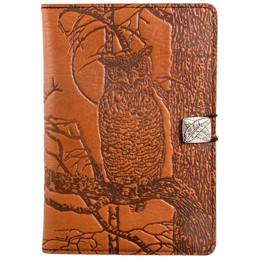 Oberon Design Leather iPad Mini Cover, Case, Horned Owl, Saddle