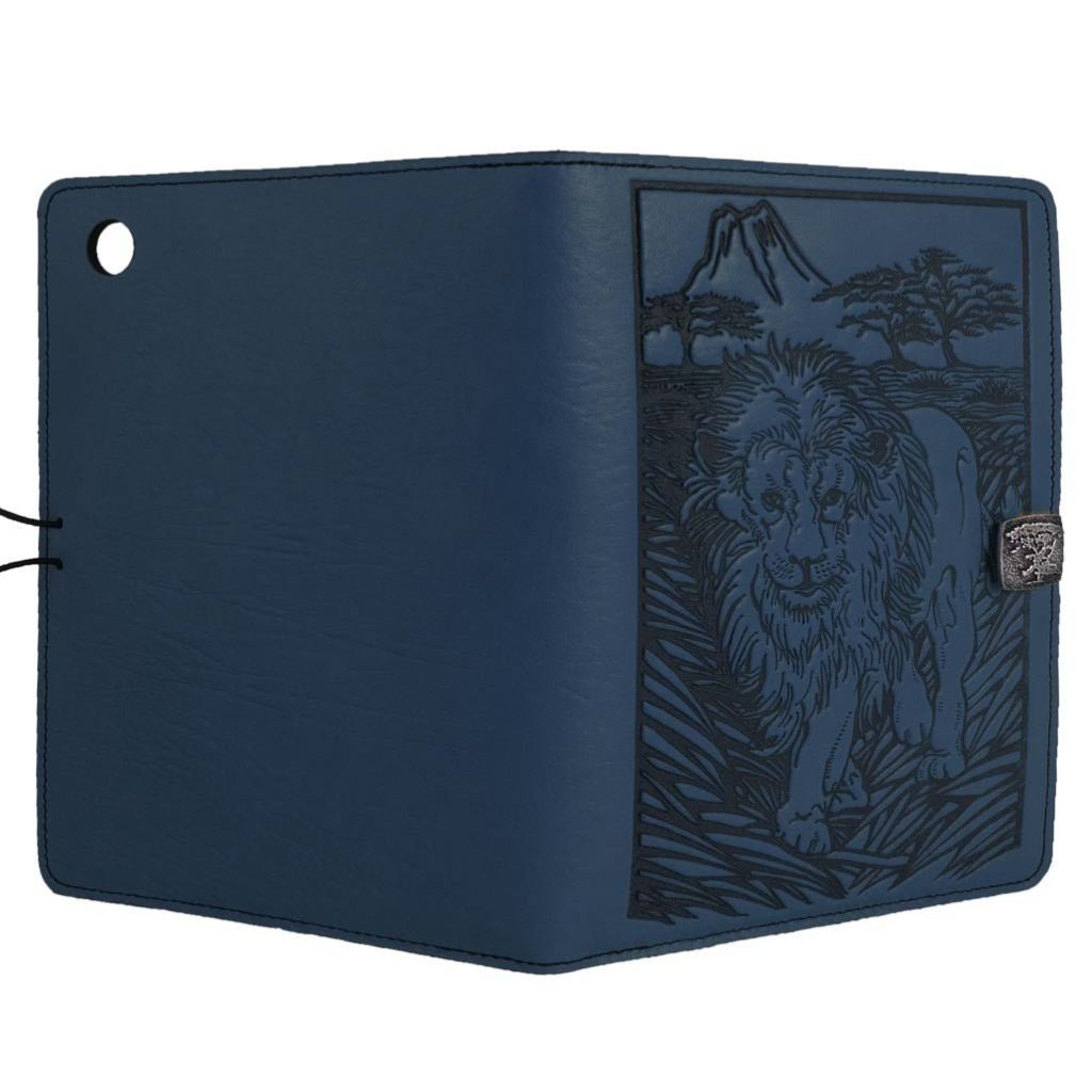 Oberon Design Leather iPad Mini Cover, Case, Lion, Navy - Open