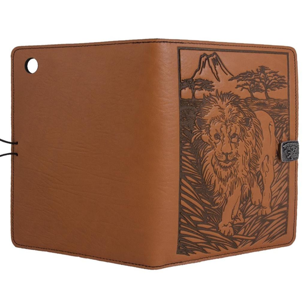 Oberon Design Leather iPad Mini Cover, Case, Lion, Saddle - Open