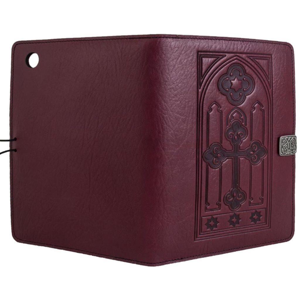 Oberon Design Leather iPad Mini Cover, Case, Stained Glass, Wine - Open