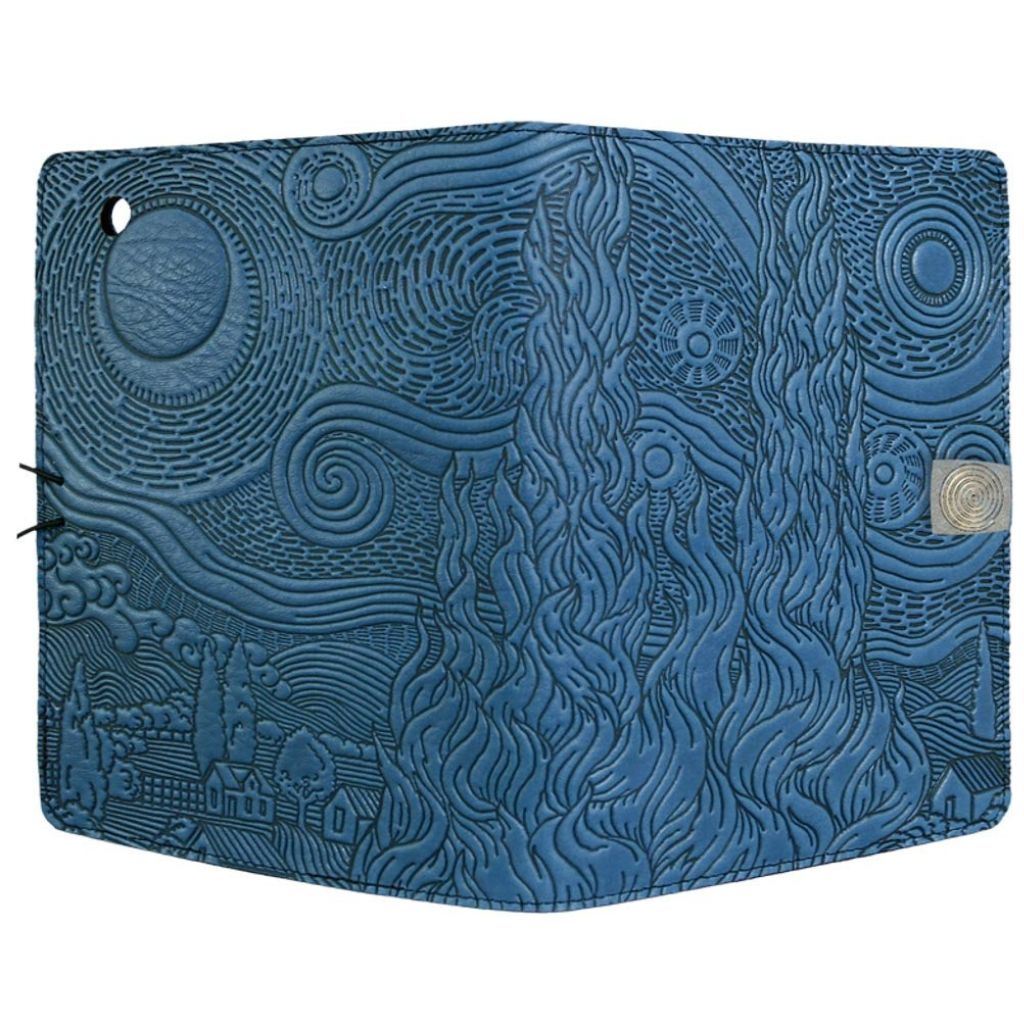 Oberon Design Leather iPad Mini Cover, Case, Van Gogh&#39;s Sky, Blue - Open