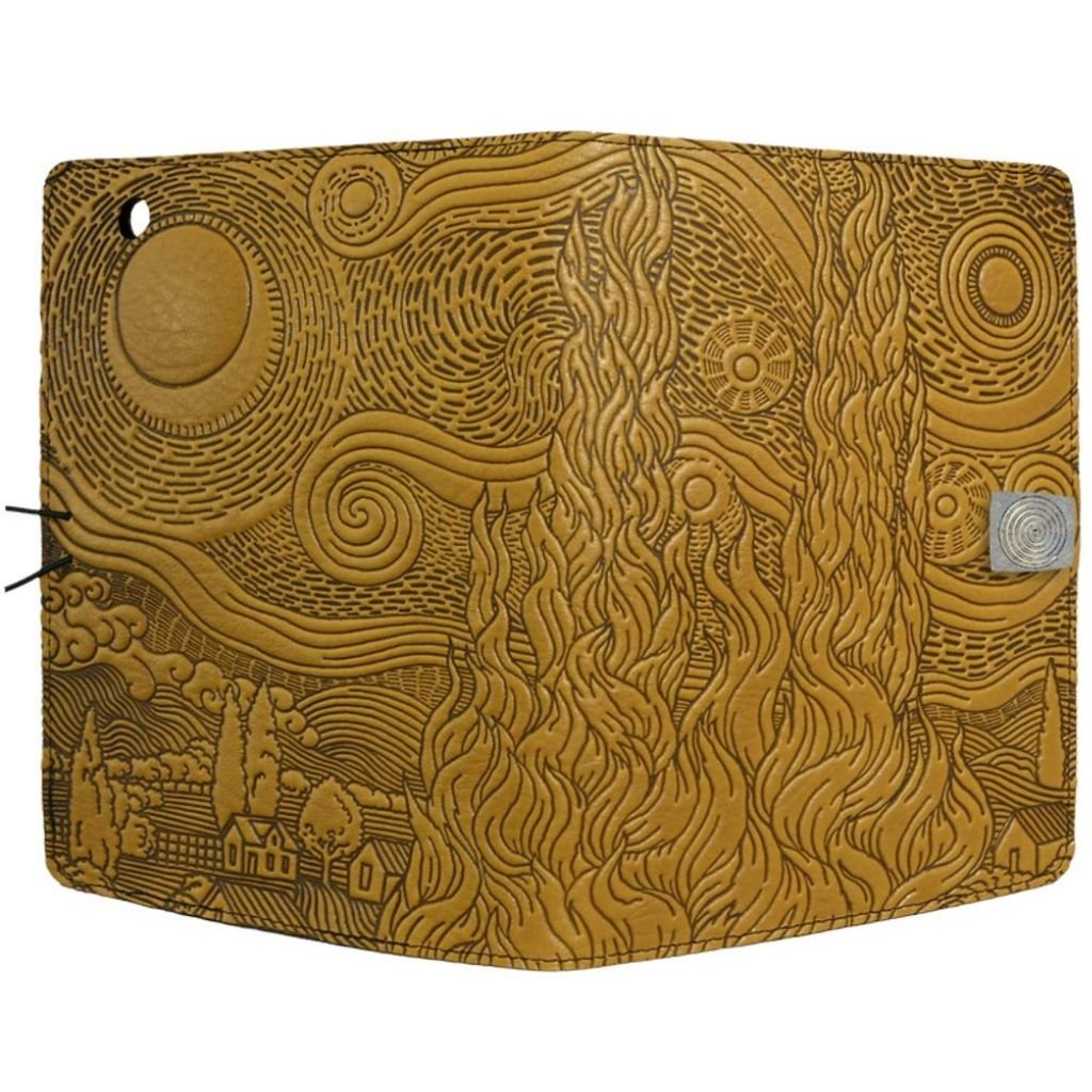 Oberon Design Leather iPad Mini Cover, Case, Van Gogh&#39;s Sky, Marigold - Open