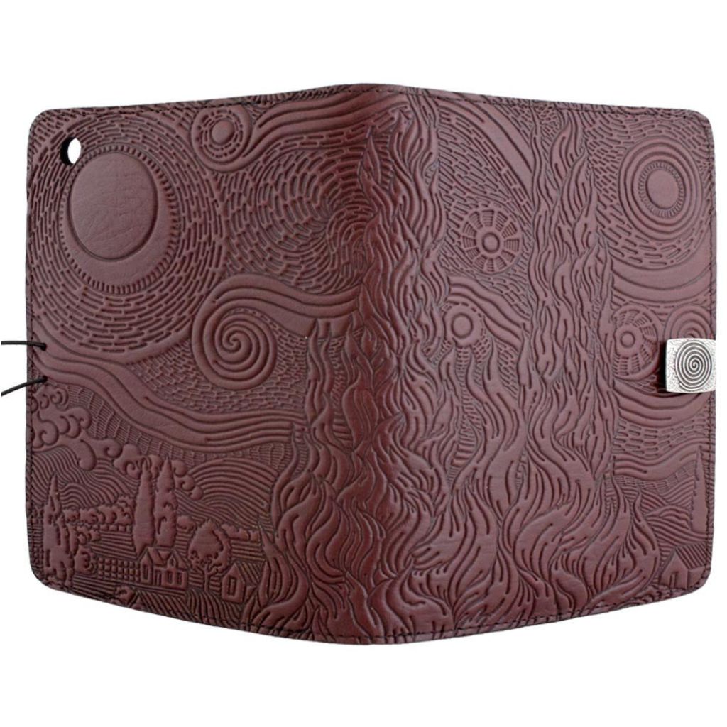 Oberon Design Leather iPad Mini Cover, Case, Van Gogh&#39;s Sky, Wine - Open