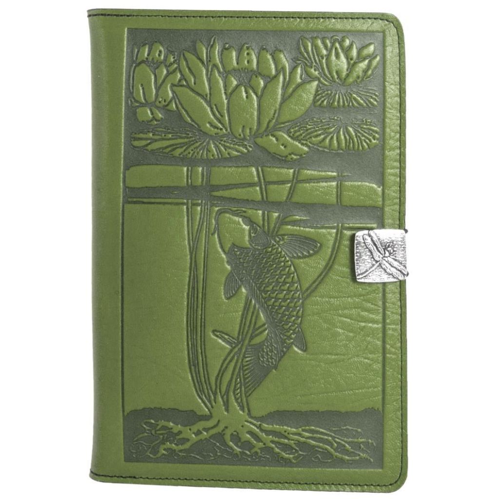 Oberon Design Leather iPad Mini Cover, Case, Water Lily Koi, Teal