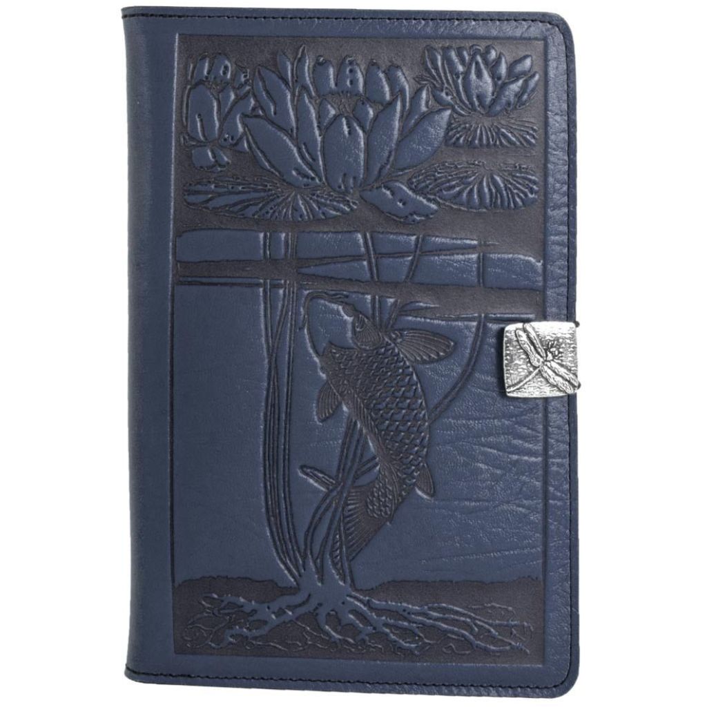 Oberon Design Leather iPad Mini Cover, Case, Water Lily Koi, Navy