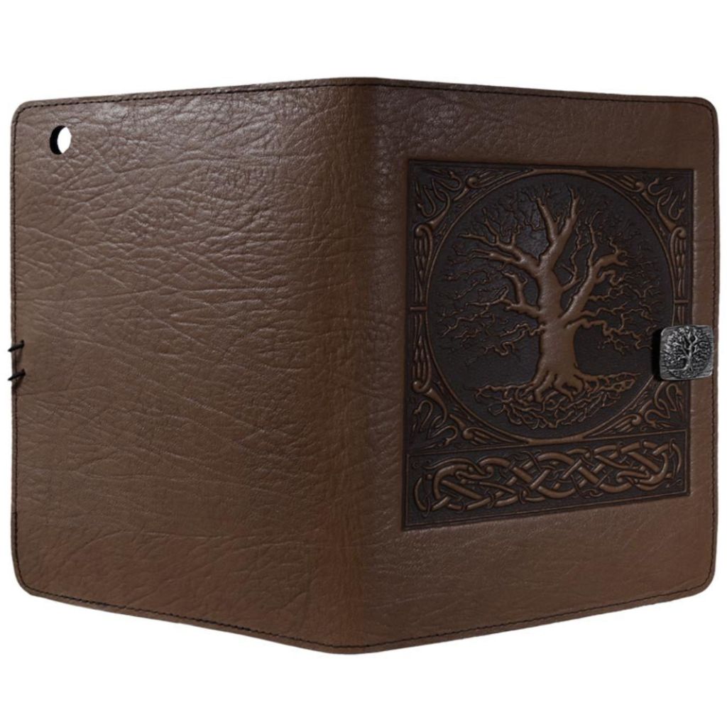 Oberon Design Leather iPad Mini Cover, Case, World Tree, Chocolate - Open