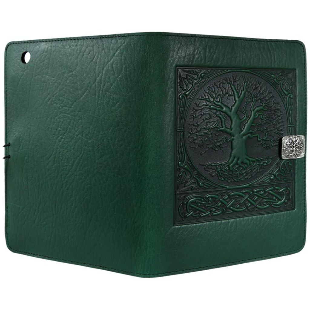 Oberon Design Leather iPad Mini Cover, Case, World Tree, Green - Open