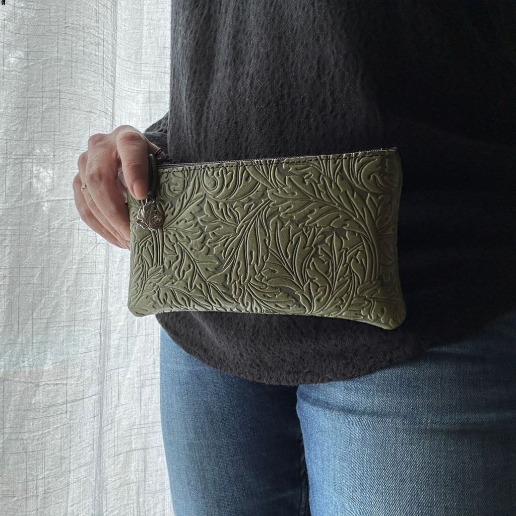 Leather zip wristlet acanthus in Fern by Oberon Design