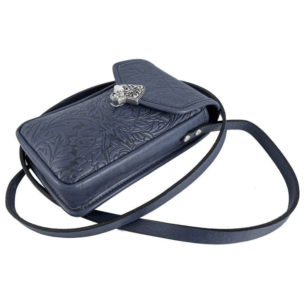 Oberon Design Leather Women&#39;s Cell Phone Handbag, Molly, Acanthus Leaf Navy with Strap
