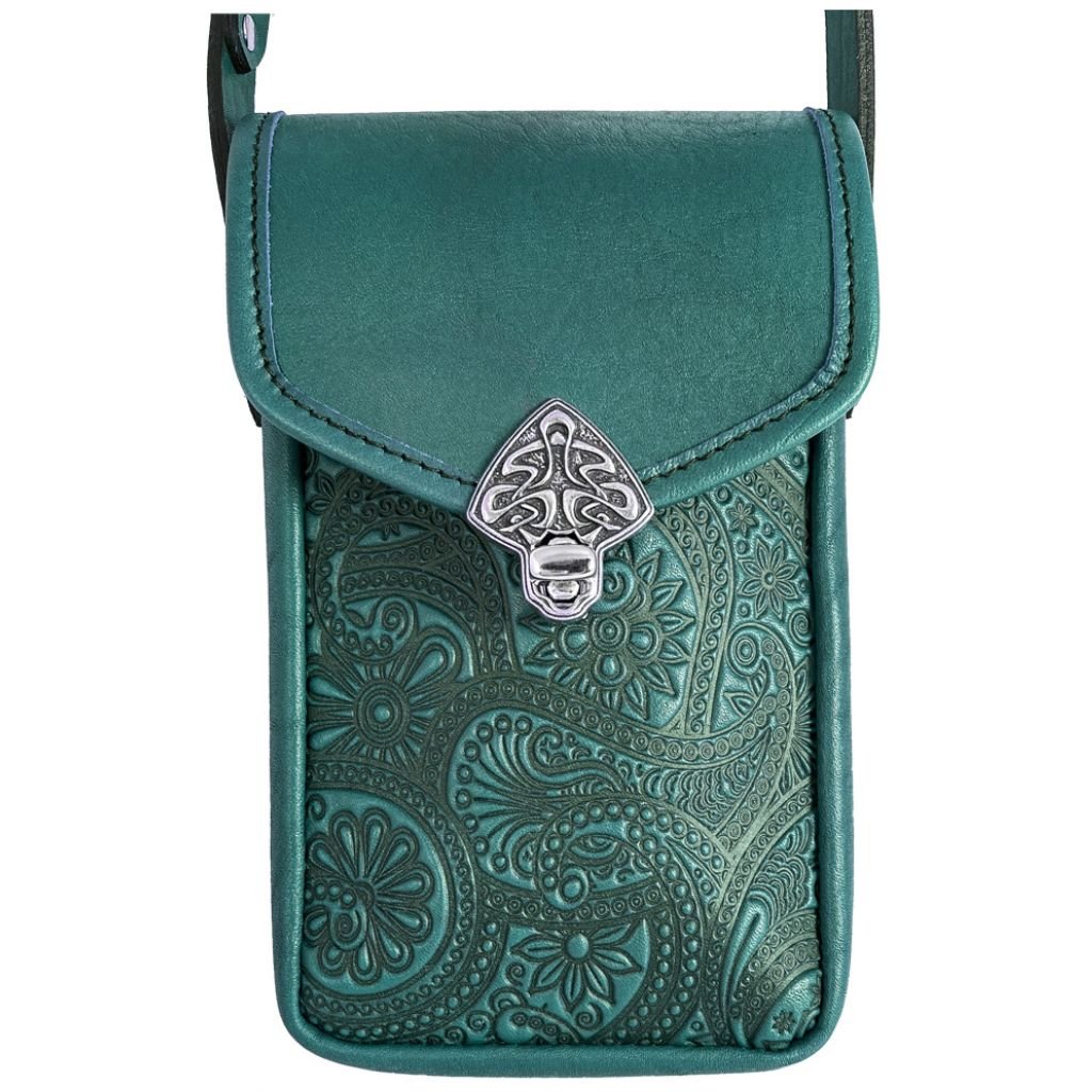 Small Leather Women's Handbag, Back Phone Pocket, Paisley in Teal