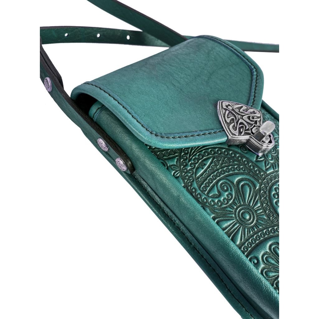Small Leather Women&#39;s Handbag, Paisley in Teal Detail