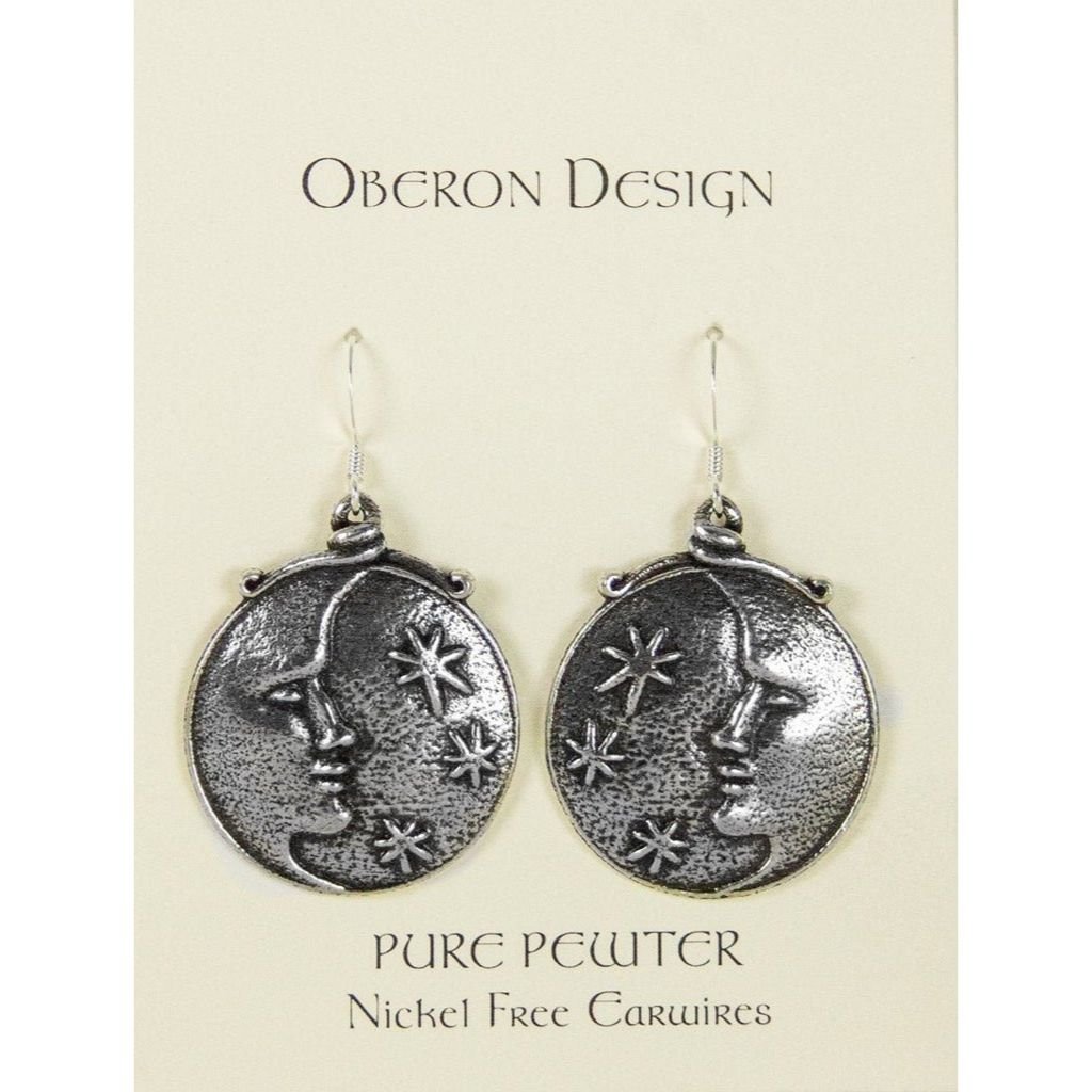 Oberon Design Britannia Metal Jewelry, Earrings, Moon and Stars, Card