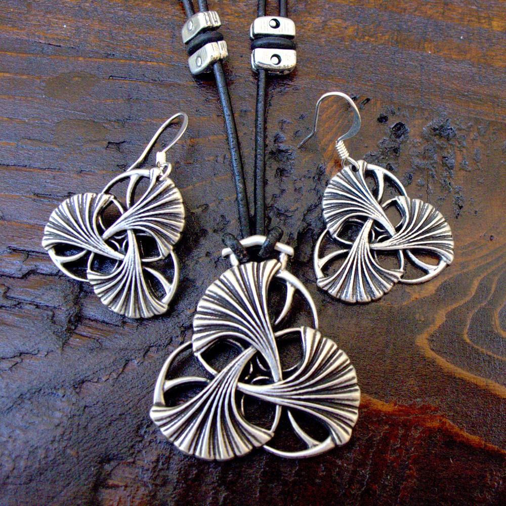 Earring, Britannia Metal, Art Nouveau Ginkgo Necklace &amp; Earrings