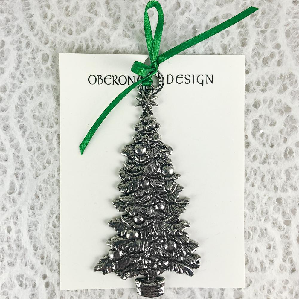 Oberon Design Christmas Tree Metal Collectable Holiday Ornament , card with ribbon