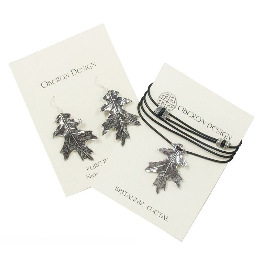 Oberon Design Oak Leaf Jewelry Set, Hand Cast Necklace &amp; Earrings, Cards