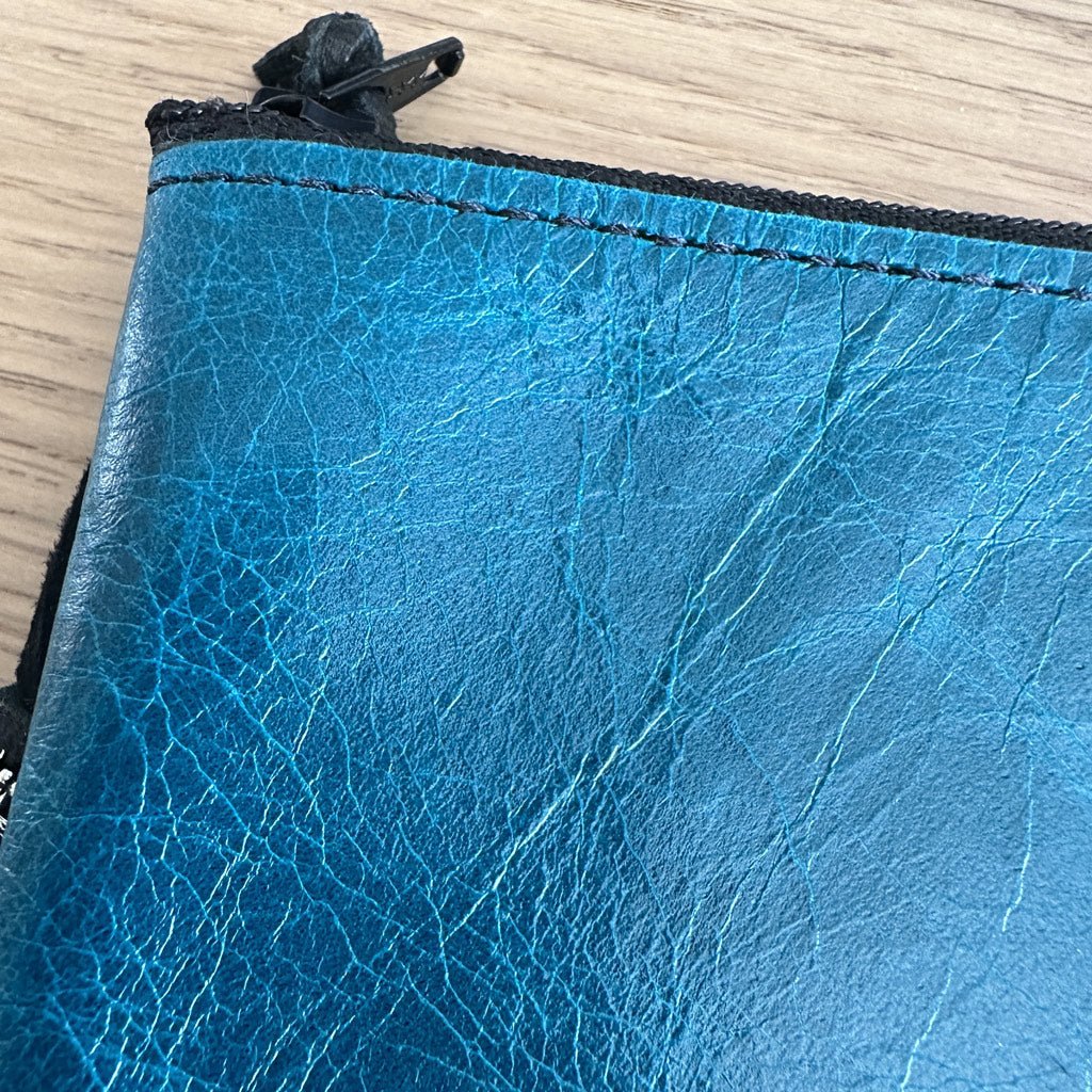 Leather 6 inch Zipper Pouch, Wallet, Coin Purse in Turquoise, Detail