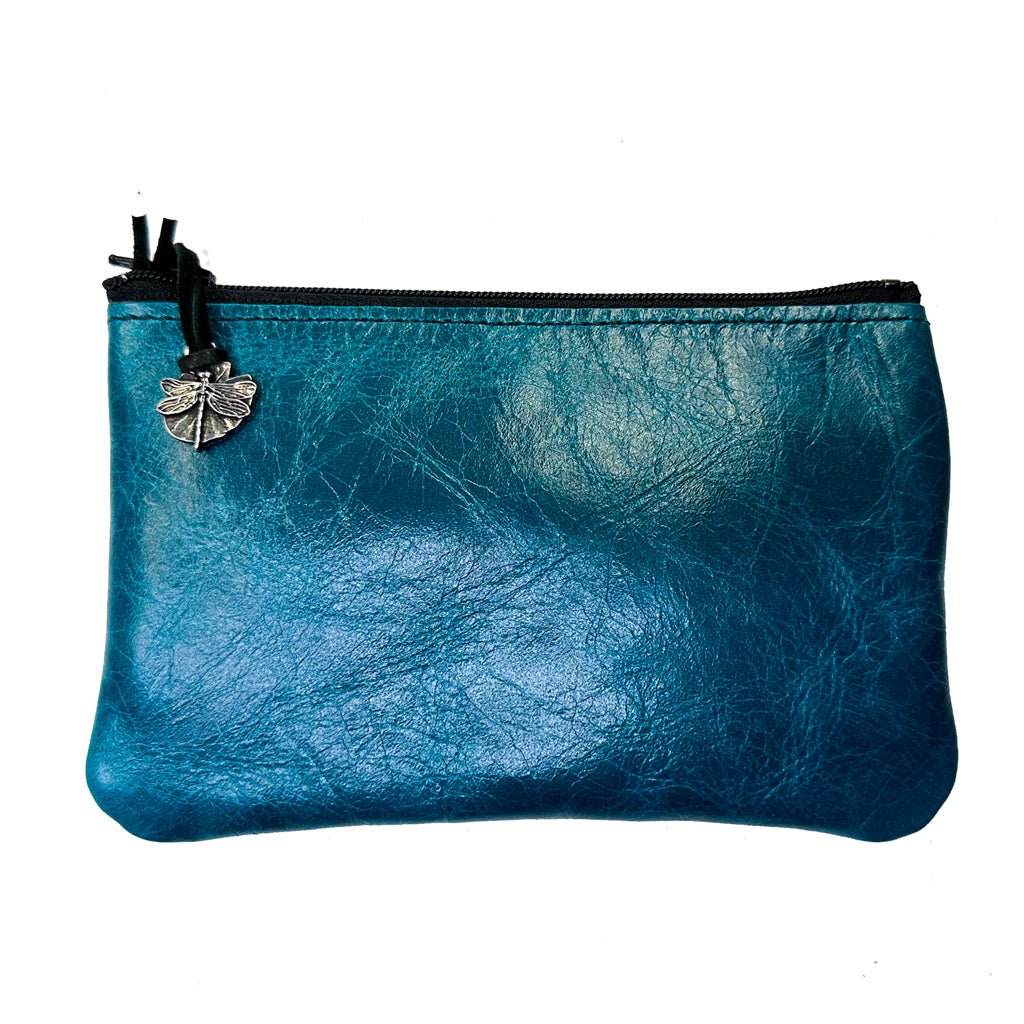 Leather 6 inch Zipper Pouch, Wallet, Coin Purse in Turquoise