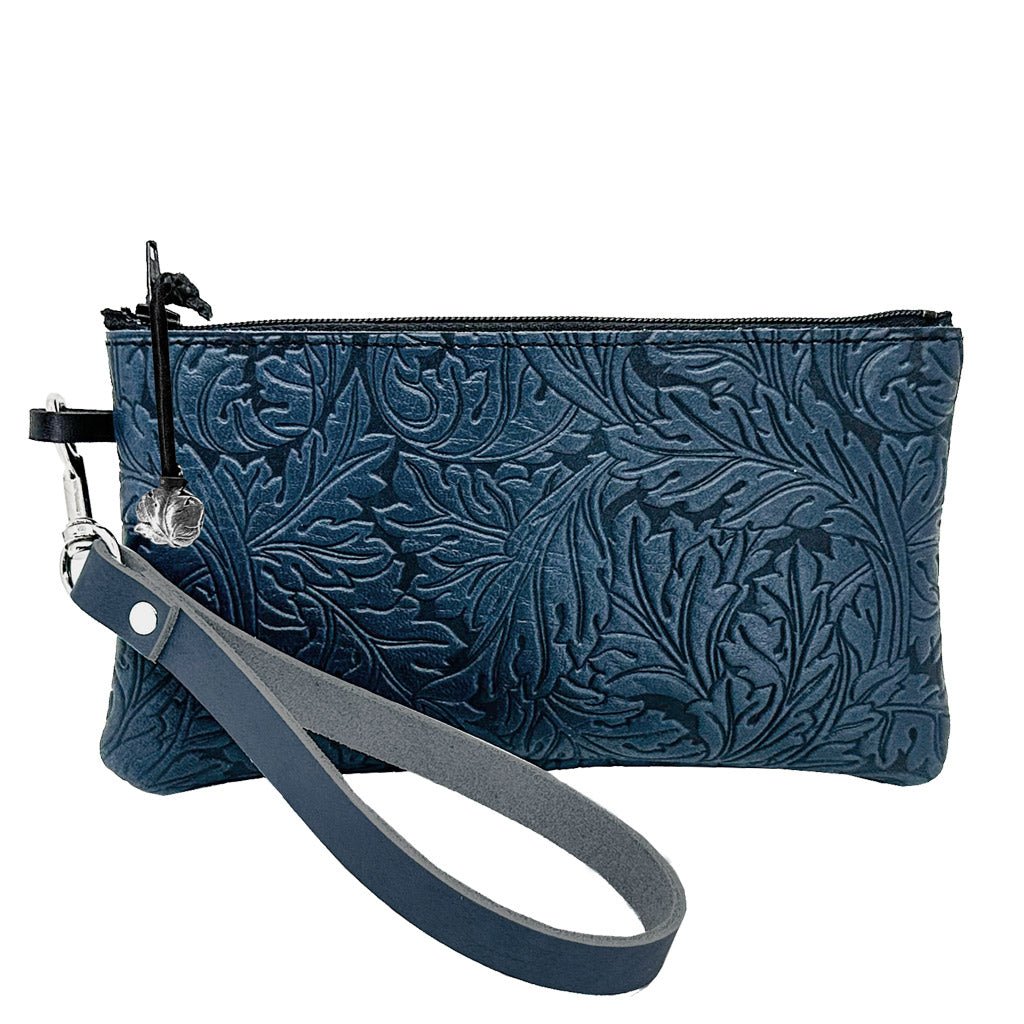 Oberon Design Leather Zip Wristlet Pouch, Wallet, Acanthus in Navy