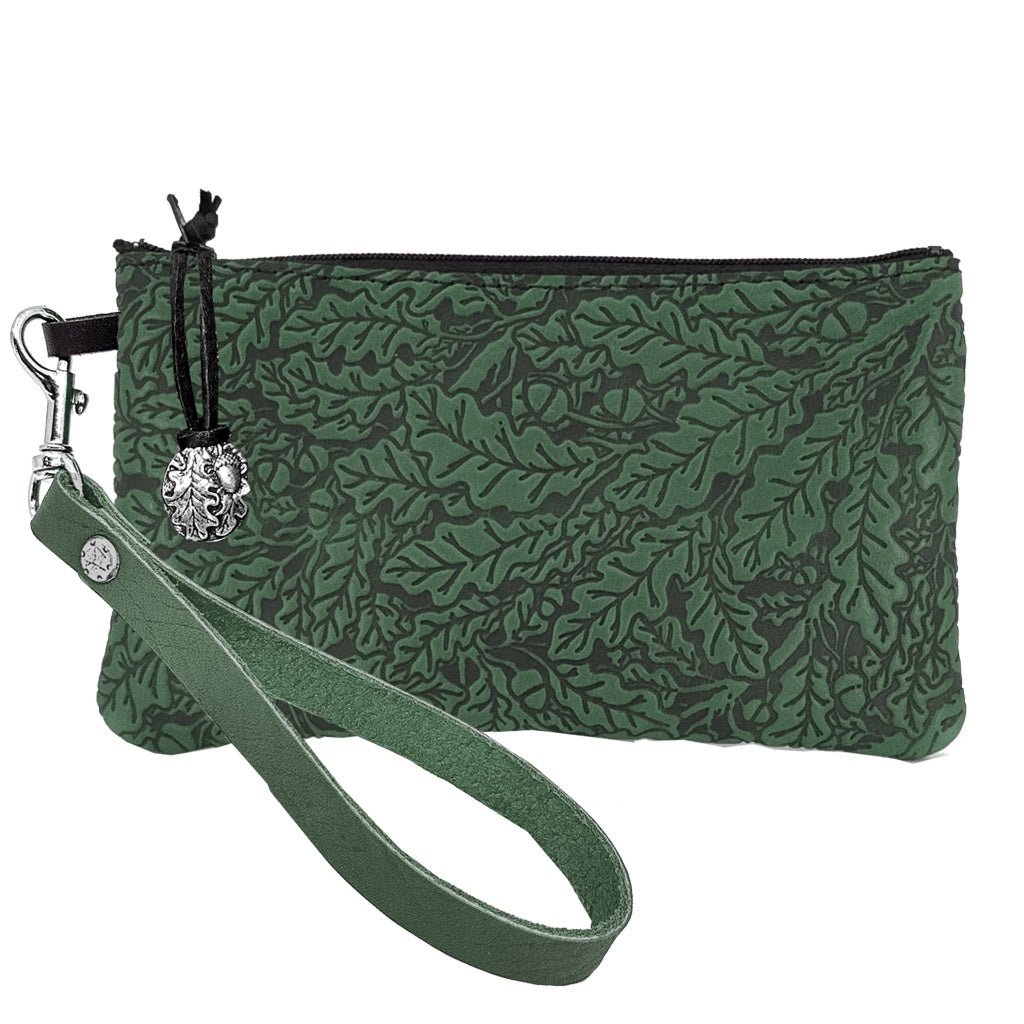 Oberon Design Leather Zip Wristlet Pouch, Wallet, Oak Leaves, Green