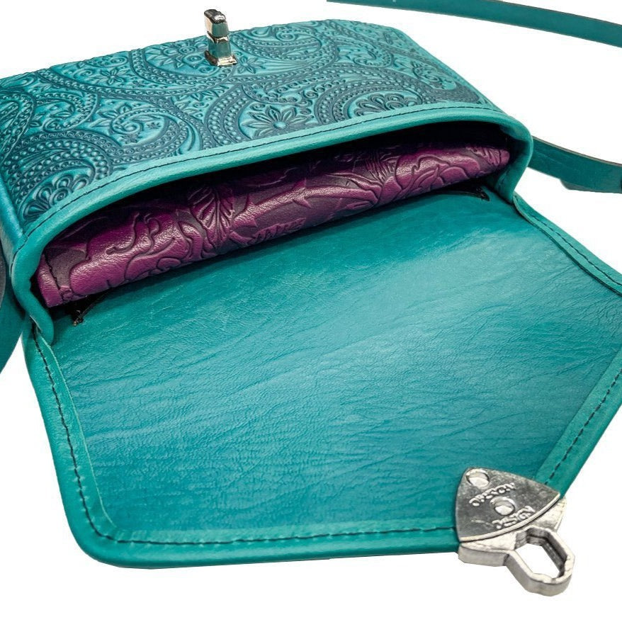 Oberon Design Leather Women&#39;s Cell Phone Handbag, Becca, Paisley, Teal Interior