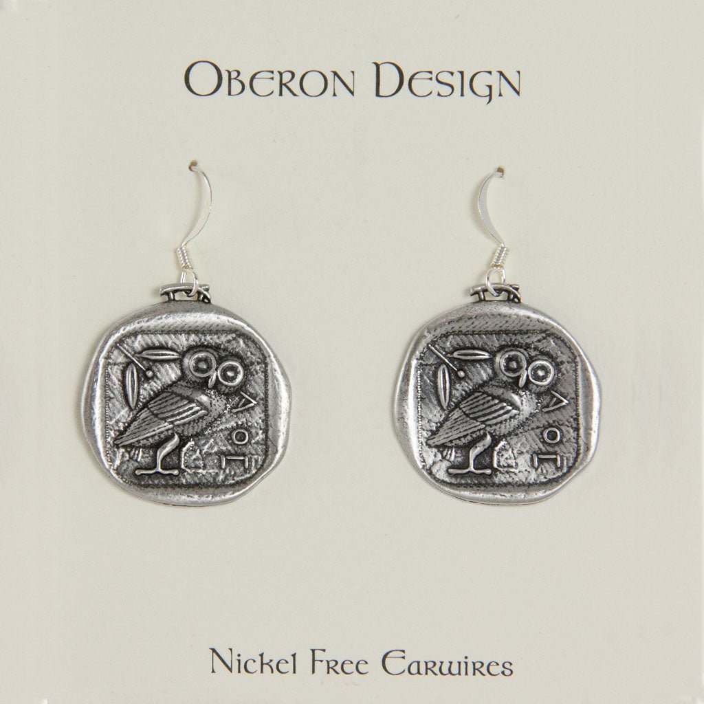 Oberon Design Britannia Metal Jewelry, Earrings, Athena&#39;s Owl, Card