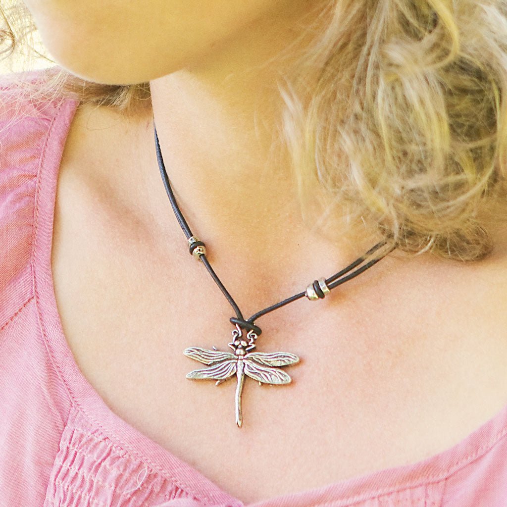 Oberon Design Hand-Cast Britannia Metal Necklace, Dragonfly 