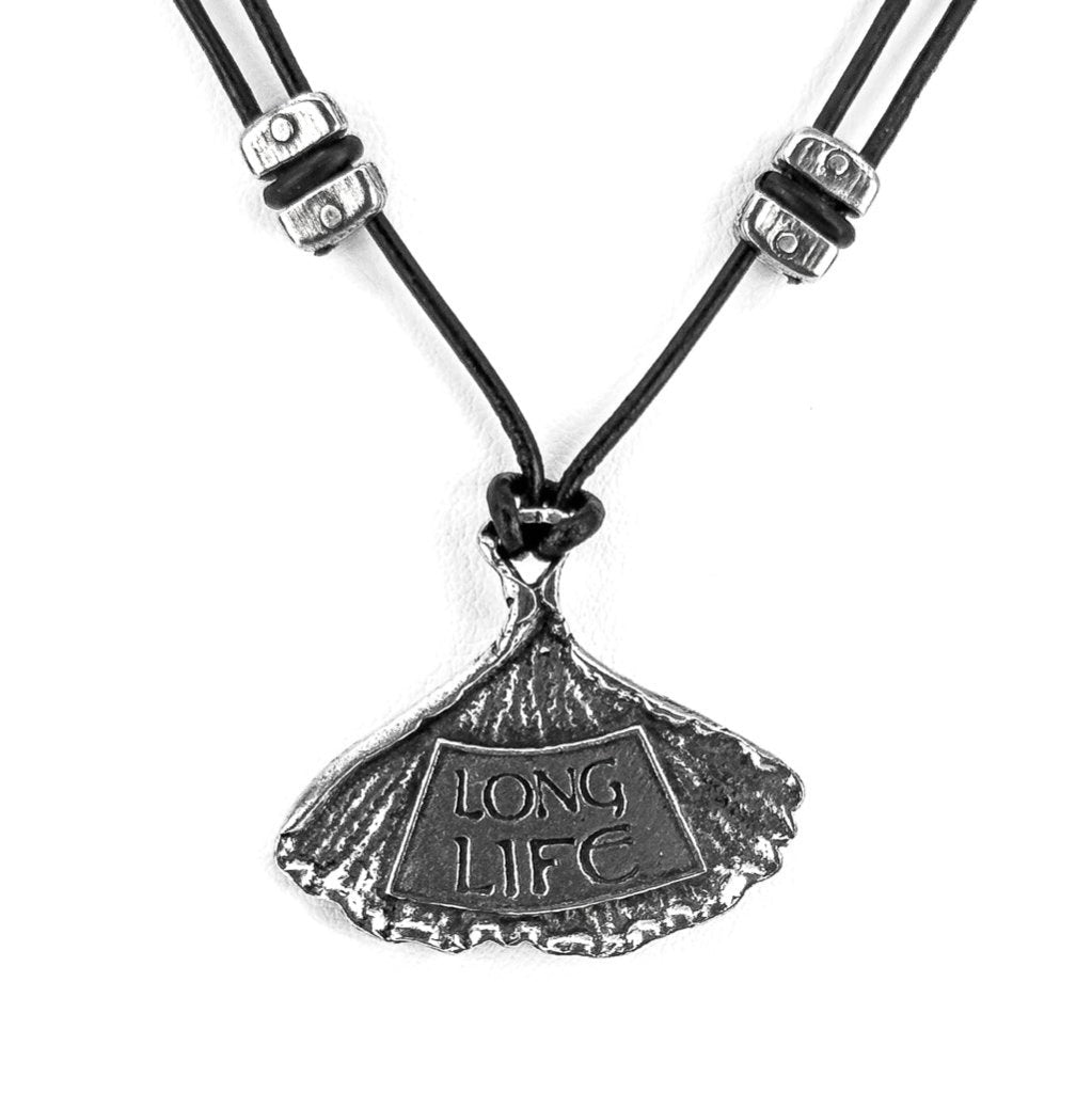 Oberon Design Britannia Metal Necklace Jewelry, Long Life Ginkgo, Back