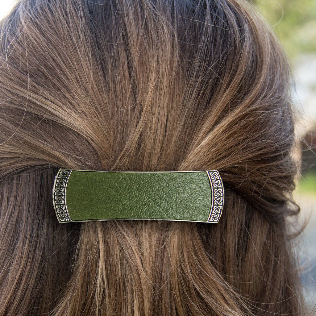 Oberon Design Hair Clip, Barrette, Hair Accessory, Celtic Leather, Fern, Model