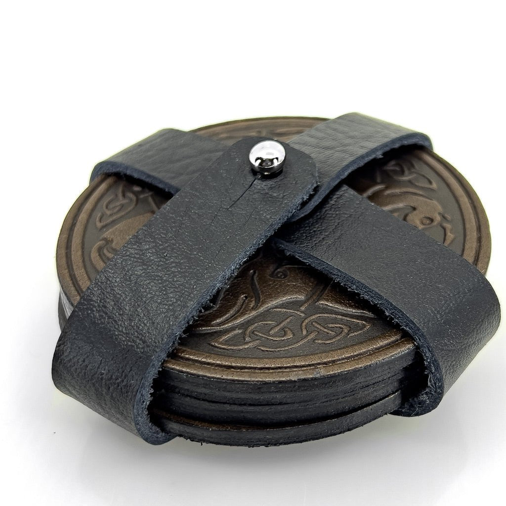 Premium Leather Coasters in Strap Holder, Celtic Horses, Chocolate