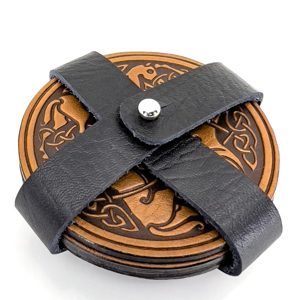 Premium Leather Coasters in Strap Holder, Celtic Horses, Saddle