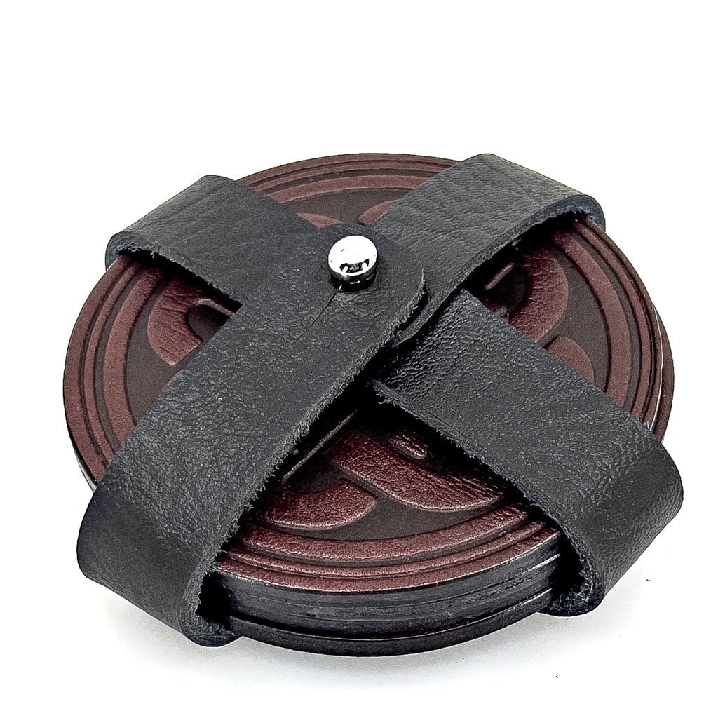 Oberon Design Premium Leather Coasters in Strap Holder, WIne