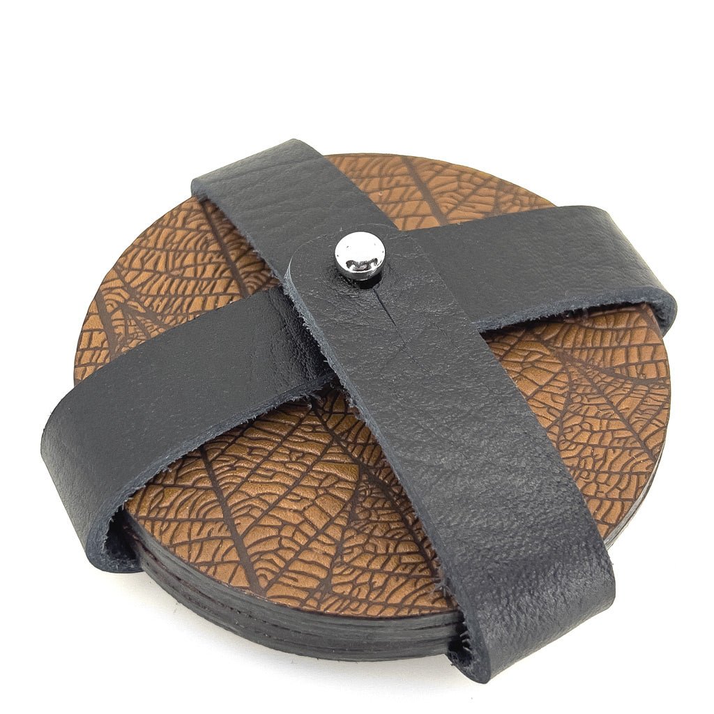 Oberon Design Premium Leather Coasters in Strap Holder, Saddle