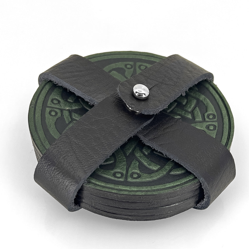 Premium Leather Coasters in Strap Holder, Celtic Fish Knot, Green