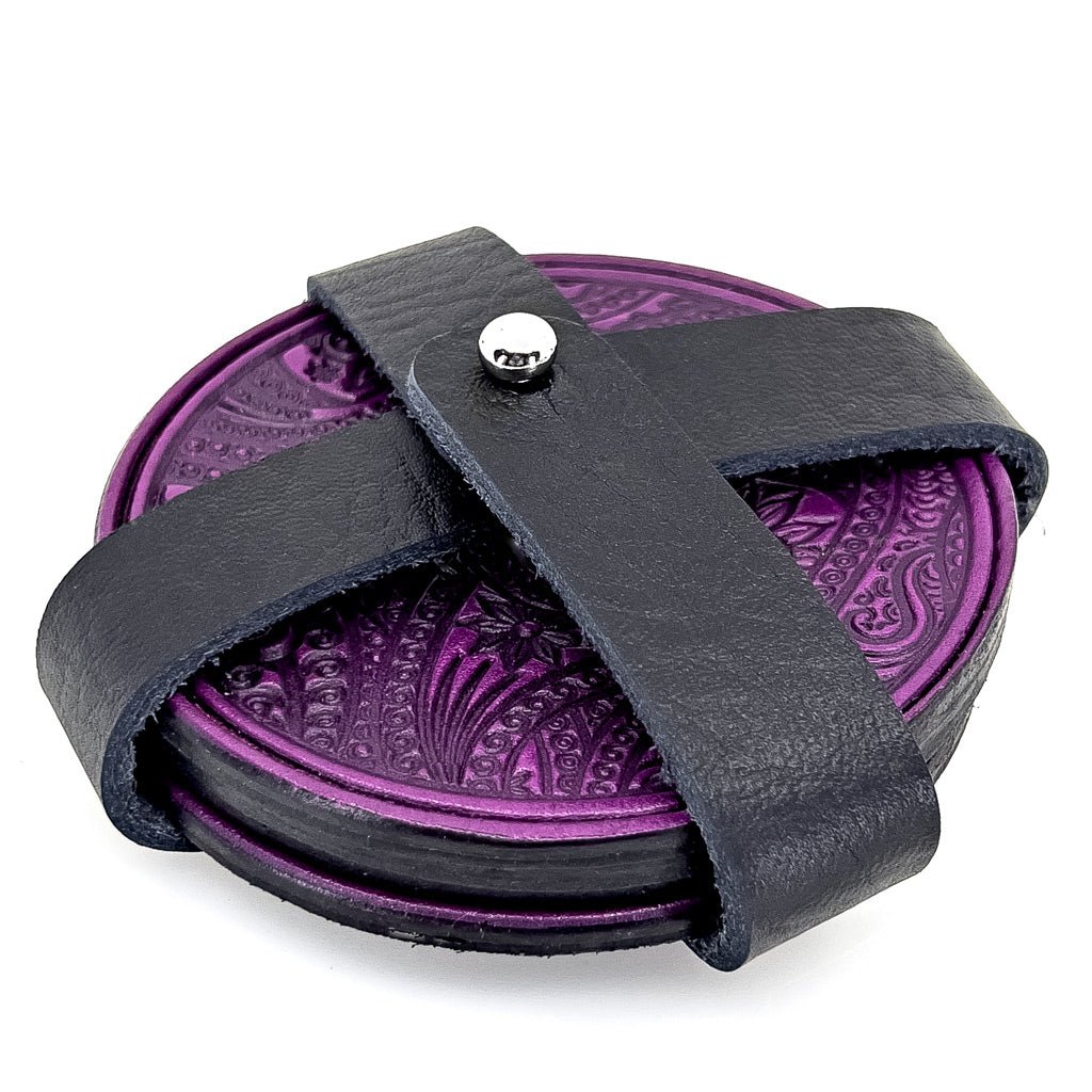 Oberon Design Premium Leather Coasters in Strap Holder, Orchid