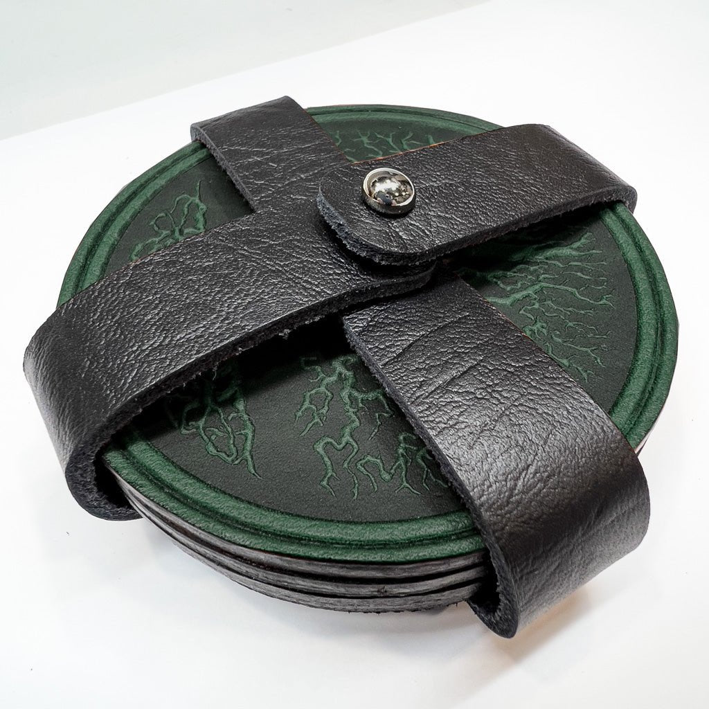 Premium Leather Coasters, Tree of Life, Handmade in The USA, Set of 4, Green in Strap Holder