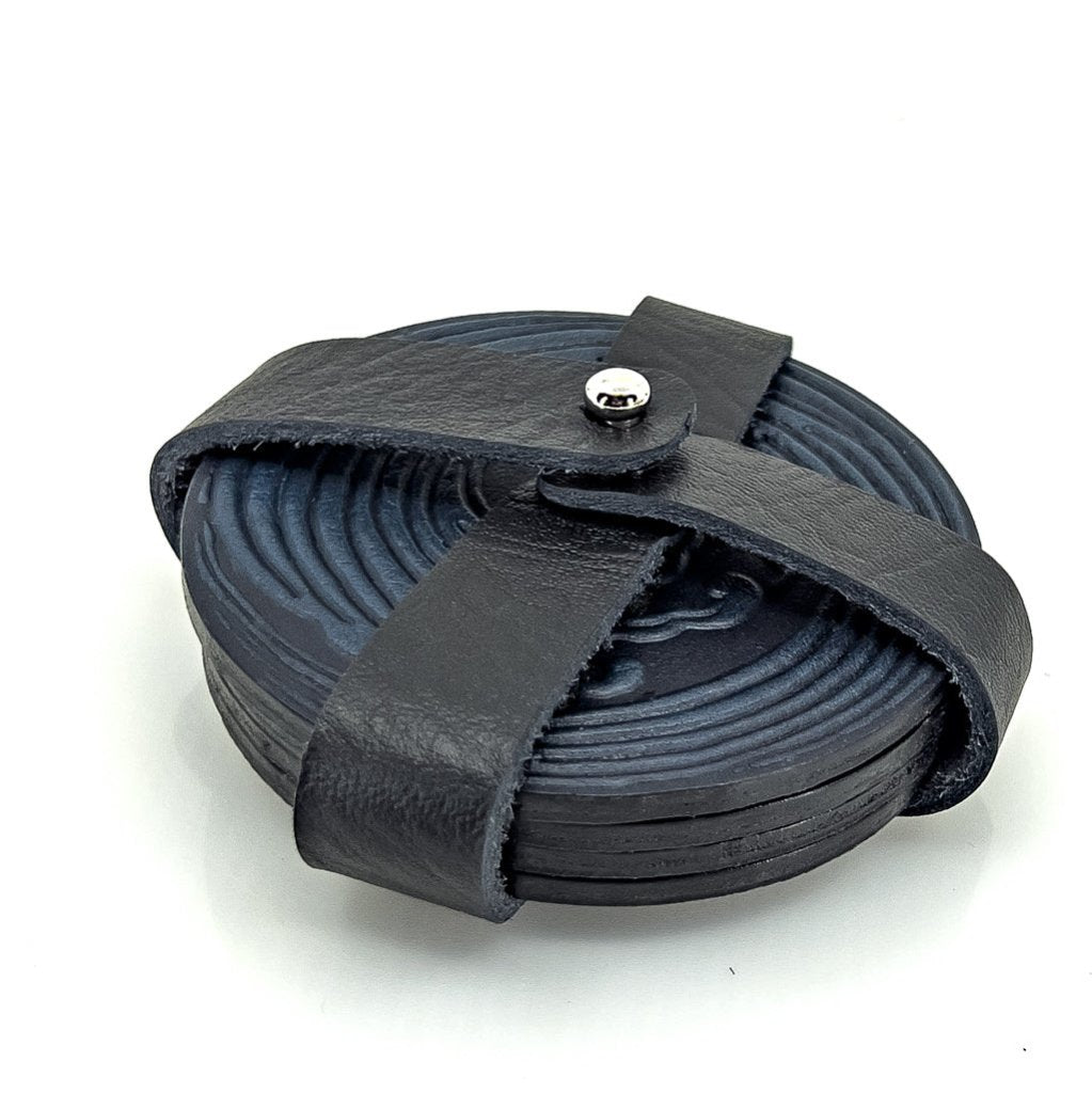 Oberon Design Premium Leather Coasters in Strap Holder, Navy