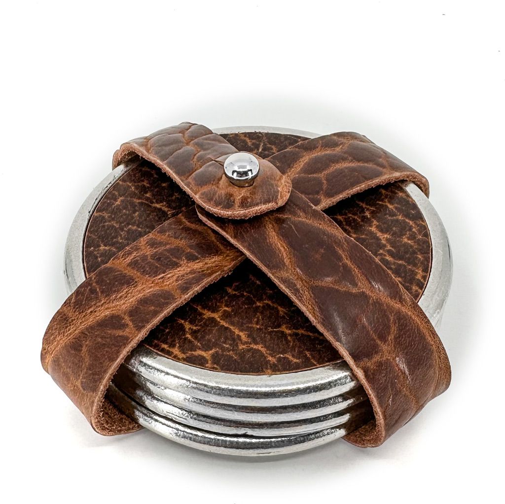 Premium Leather &amp; Metal Coasters, Bison, Handmade in the USA, Set of 4  with Strap Holder