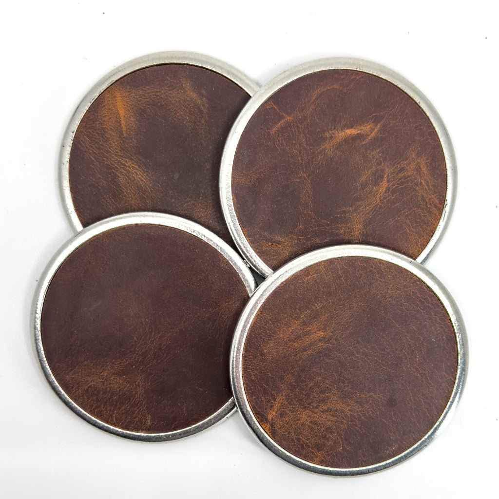 Premium Leather & Metal Coasters, Hard Times, Handmade in the USA, Set ...