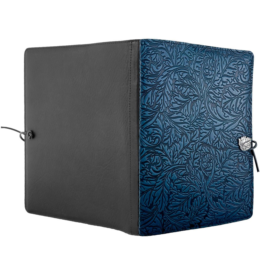 Oberon Design Extra Large Leather Refillable Journal, Acanthus Leaf, Navy - Open