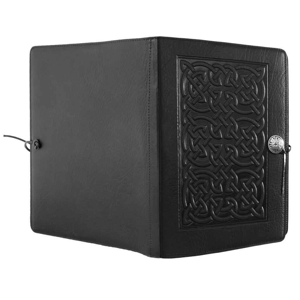 Oberon Design Extra Large Leather Refillable Journal, Bold Celtic, Black - Open