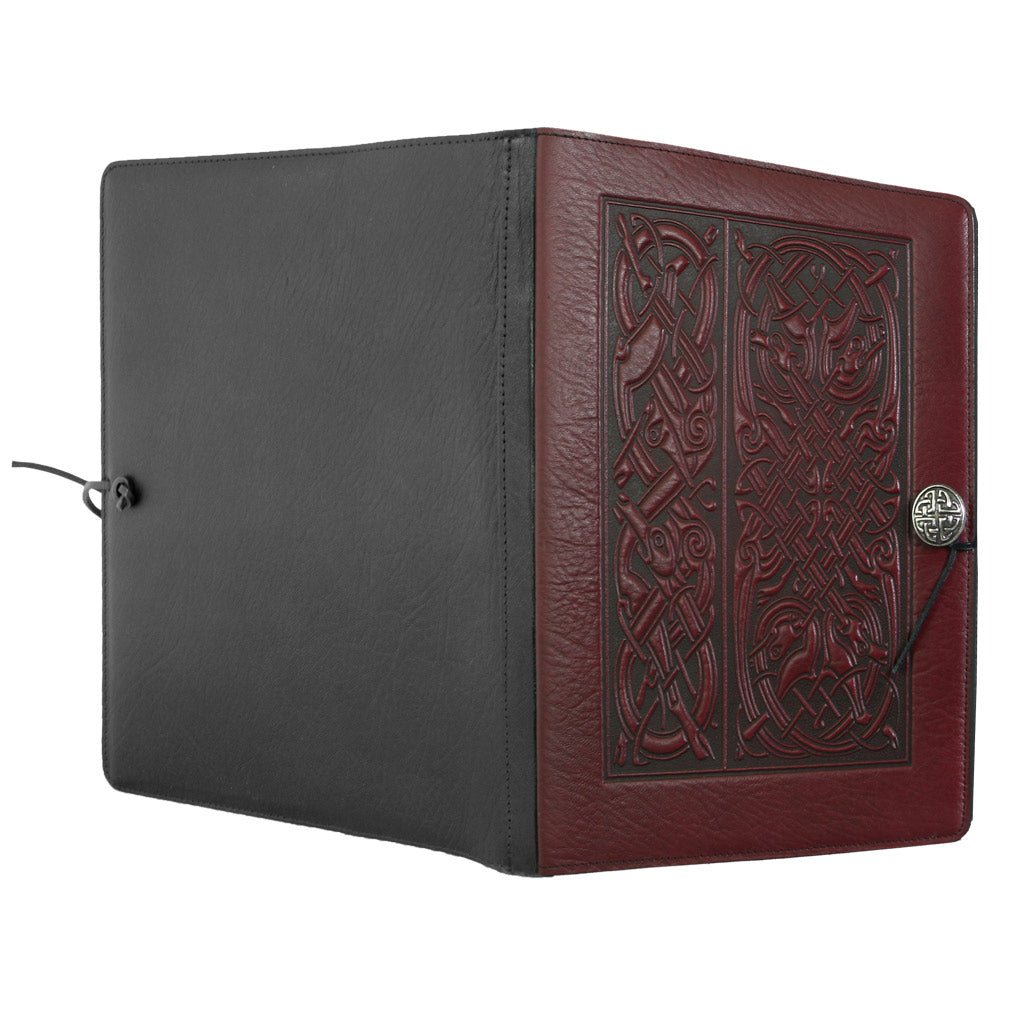 Oberon Design Extra Large Leather Refillable Journal, Celtic Hounds, Wine - Open