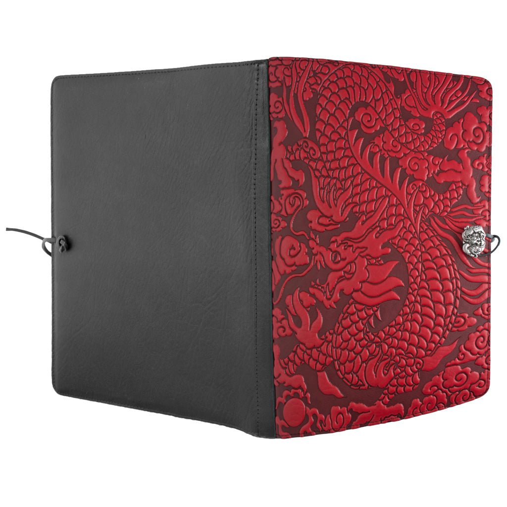 Oberon Design Extra Large Leather Journal, Sketchbook, Cloud Dragon, Red - Open