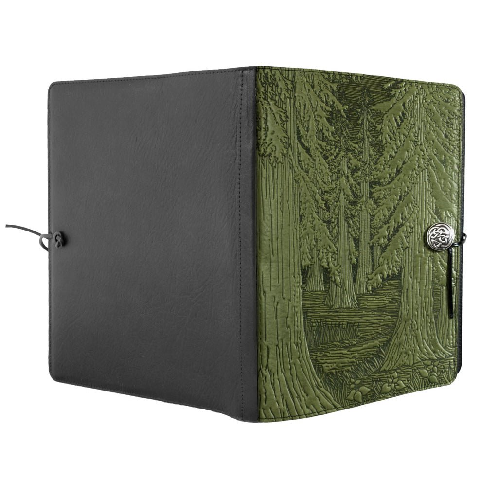 Oberon Design Extra Large Leather Refillable Journal, Forest, Fern, Open