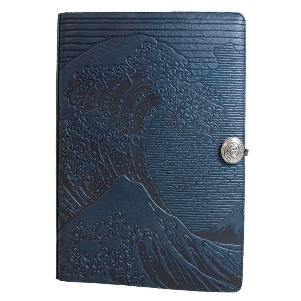 Oberon Design Extra Large Leather Refillable Journal, Hokusai Wave, Navy