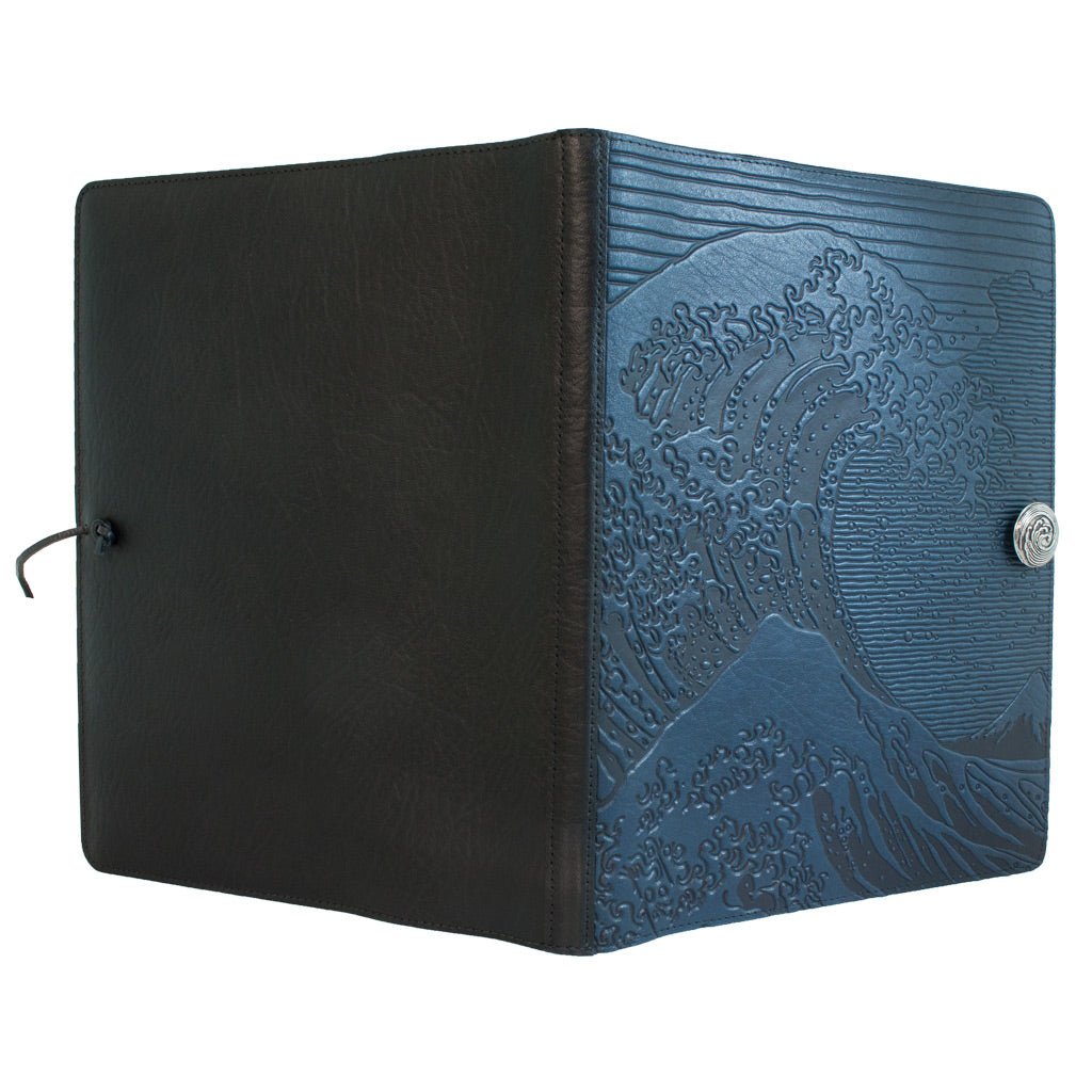 Oberon Design Extra Large Leather Refillable Journal, Hokusai Wave, Navy, Open
