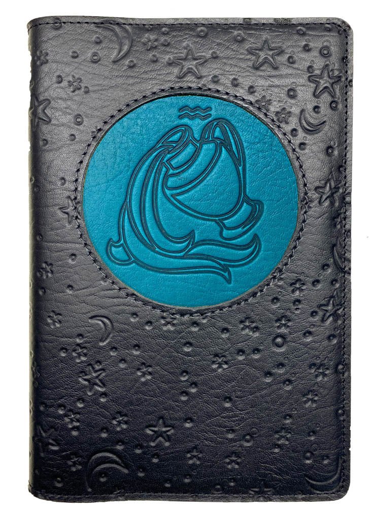 Refillable Leather Journal, Zodiac Icon, Aquarius, Blue &amp; Black, Moon &amp; Stars