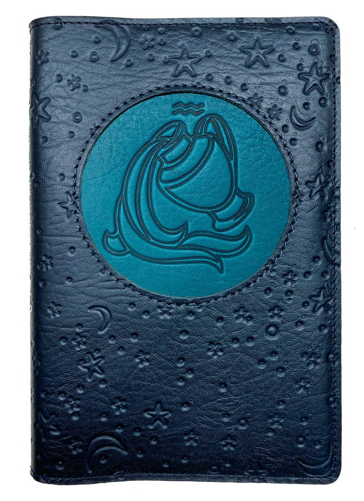 Refillable Leather Journal, Zodiac Icon, Aquarius, Blue &amp; Navy, Moon &amp; Stars