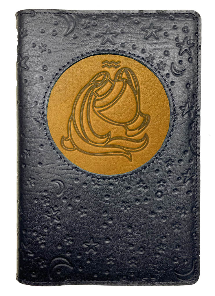 Refillable Leather Journal, Zodiac Icon, Aquarius, Marigold &amp; Black, , Moon and Stars