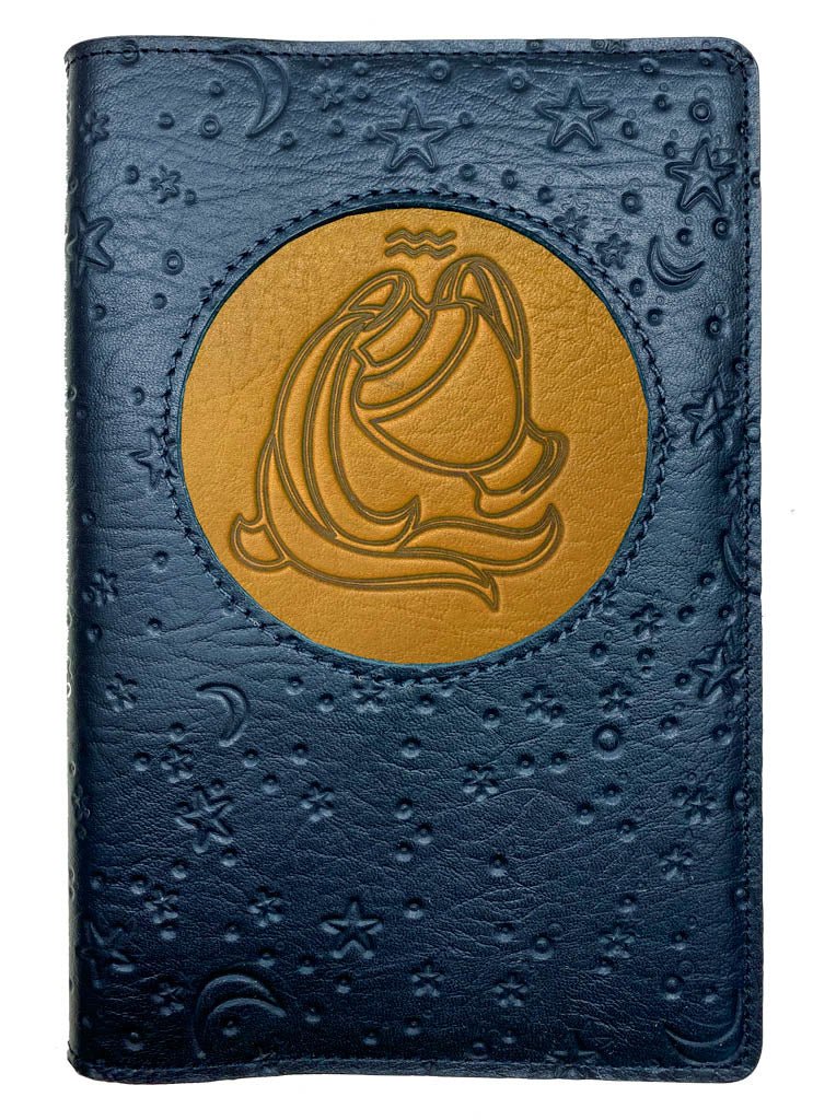 Refillable Leather Journal, Zodiac Icon, Aquarius, Marigold &amp; Navy, Moon &amp; Stars