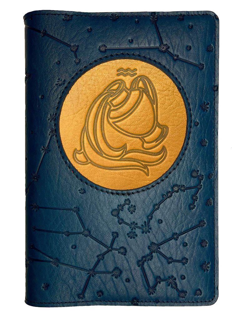 Refillable Leather Journal, Zodiac Icon, Aquarius, Marigold &amp; Navy, Constellations